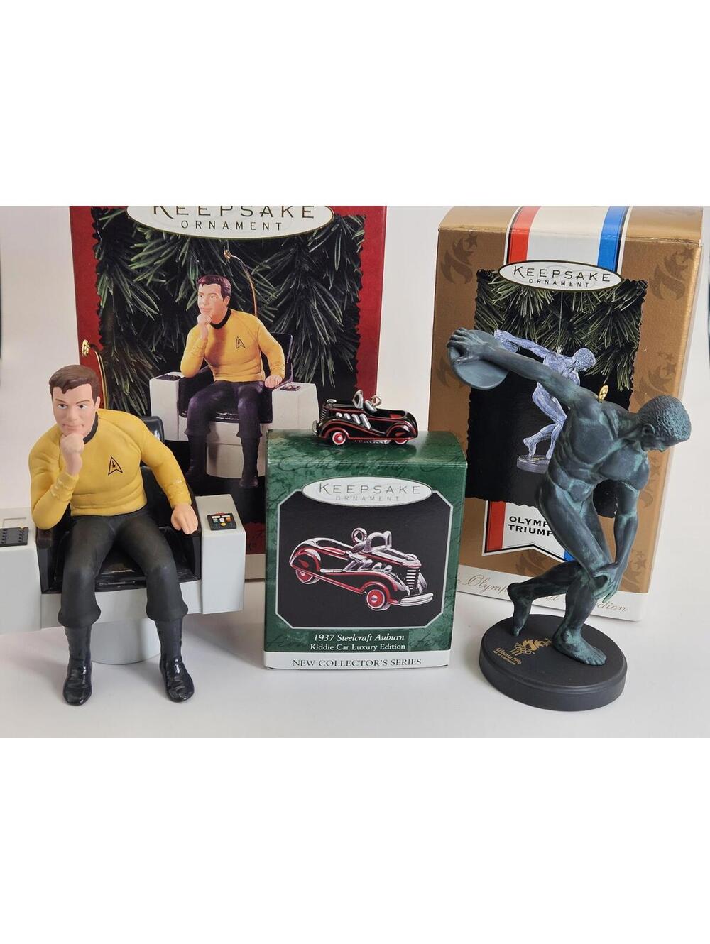 Lot Of 3 Hallmark Ornaments, Star Trek (Kirk), '96 Olympic Spirit, Miniature Car